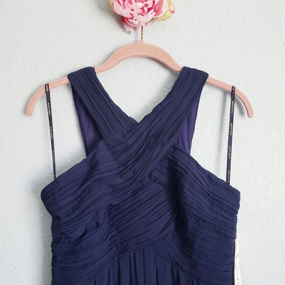 Levkoff Crisscross‎ Neck Chiffon A-line Navy Gown - Picture 3 of 7